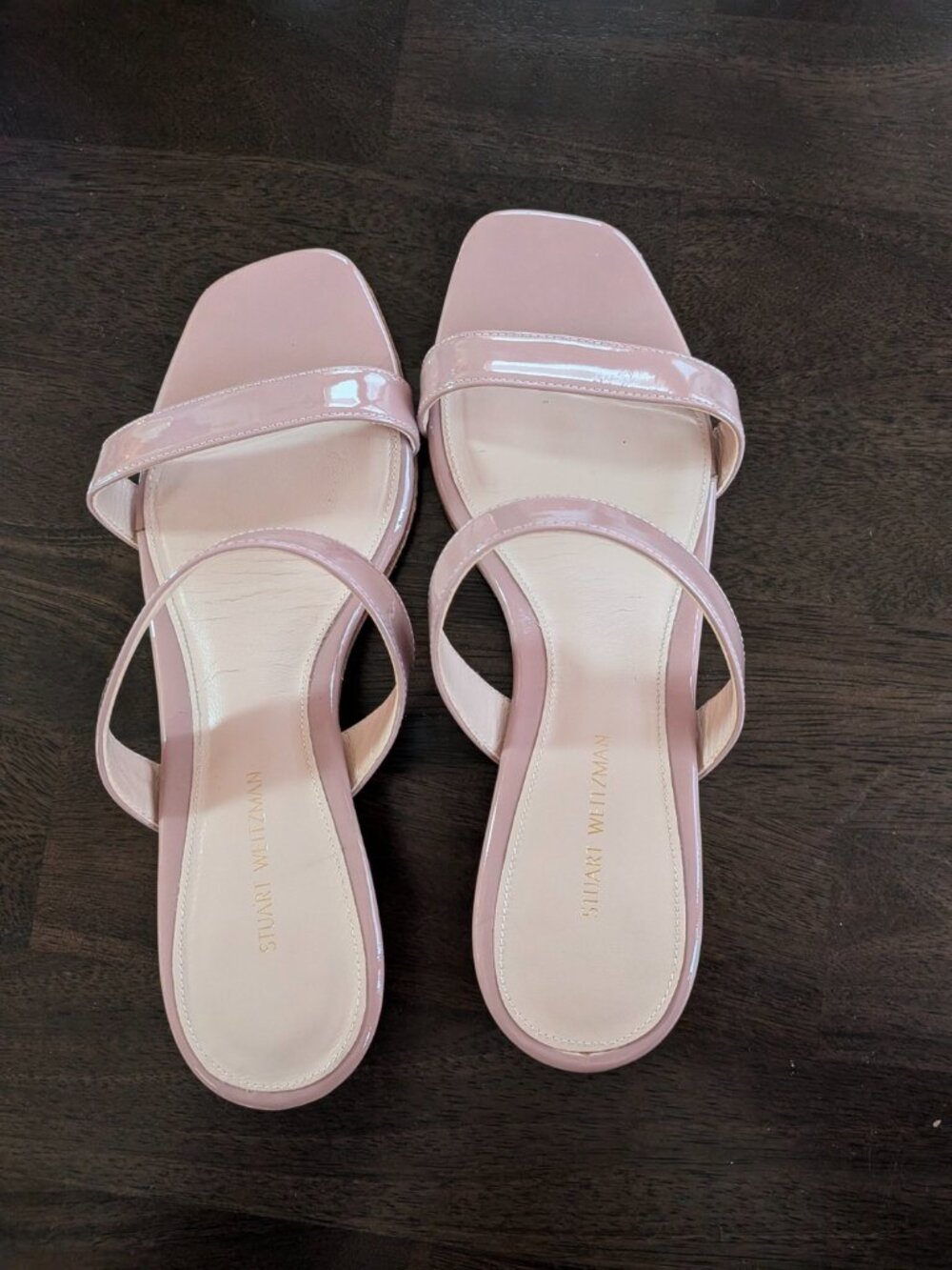 Stuart Weitzman Women's Ava Patent Leather Blush Heel Slide Sandal - Picture 2 of 8